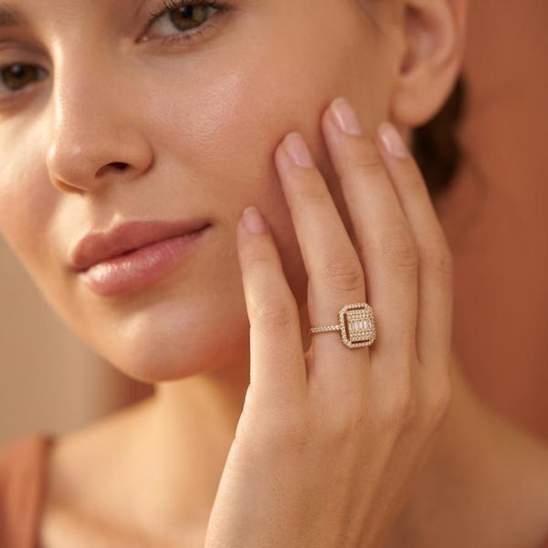14K Solid Gold Baguette Emerald Cut Halo Ring, Art Deco Statement Engagement Band