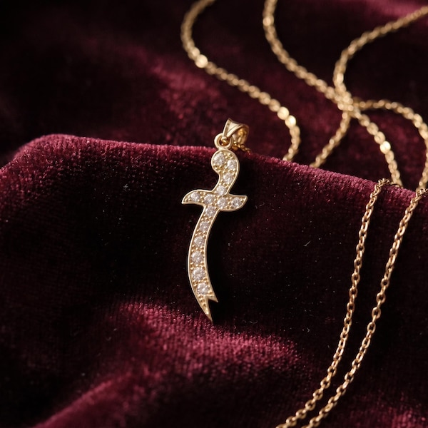 Sword Necklace in 14K Solid Gold, Zulfiqar Pendant with Pave Stones, 585 Stamped, 45 cm Chain, Islamic Gift for Him