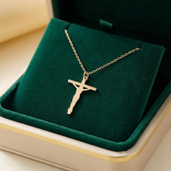 14K Solid Gold Minimalist Crucifix Necklace, Silhouette Cross Pendant, Simple Cutout Cross, Christian Gift