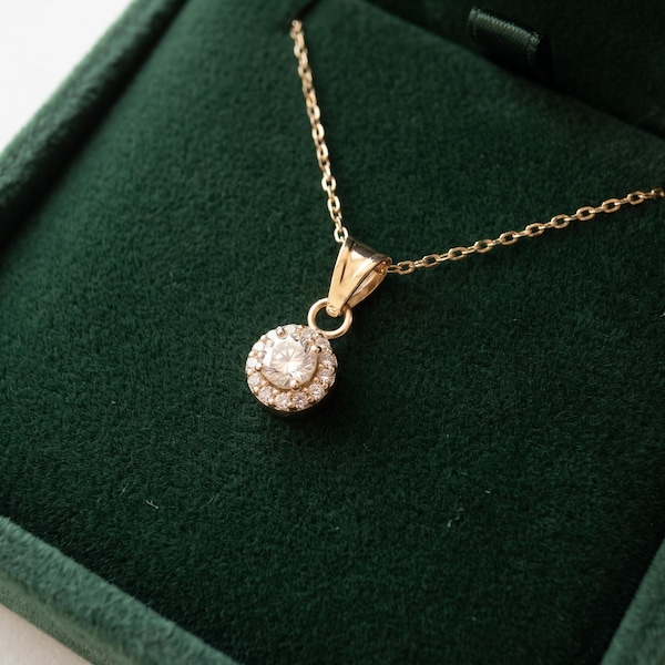 14K Solid Gold Halo Pendant Necklace, Round Cubic Zirconia, Cable Chain