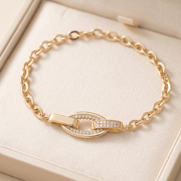 14K Solid Gold Mariner Link Bracelet, Pave CZ Clasp, Charm Holder (18 cm)