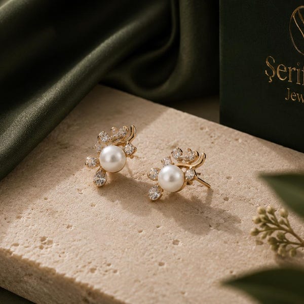 14K Solid Gold Pearl Flower Cluster Earring, Vintage CZ Petals, Antique Style Single Earring