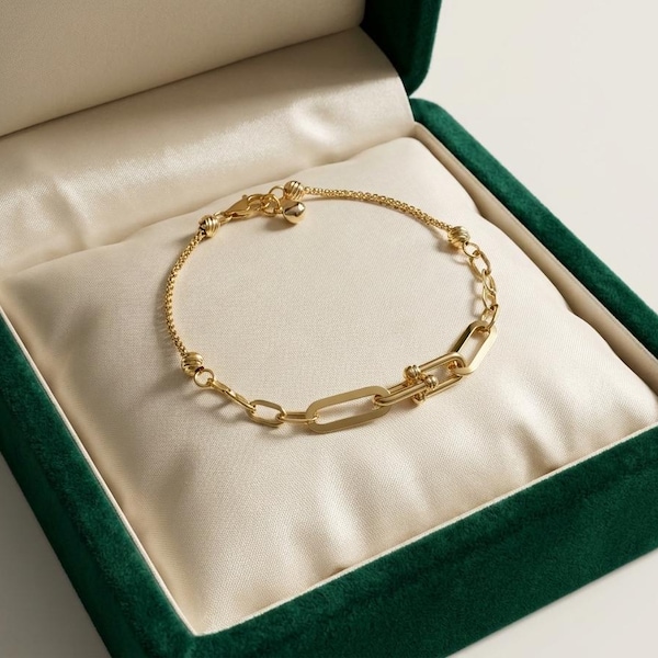 14K Solid Gold Mixed Link Paperclip Bracelet, Dainty Asymmetric Chain Jewelry