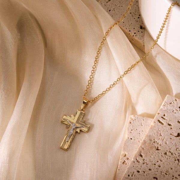 14K Solid Gold Two-Tone Crucifix Necklace, Detailed Cross Pendant, Faith Jewelry