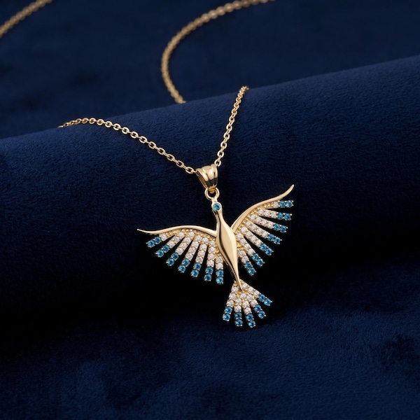 14K Solid Gold Phoenix Necklace, Turquoise CZ Wing Pendant, Figaro Chain