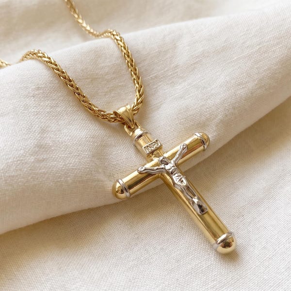 14K Solid Gold Two-Tone Crucifix Necklace, INRI Cross Pendant, Wheat Chain