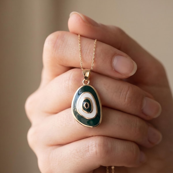 14K Solid Gold Evil Eye Necklace, Green Enamel Pebble Pendant, Turkish Nazar Protection Charm