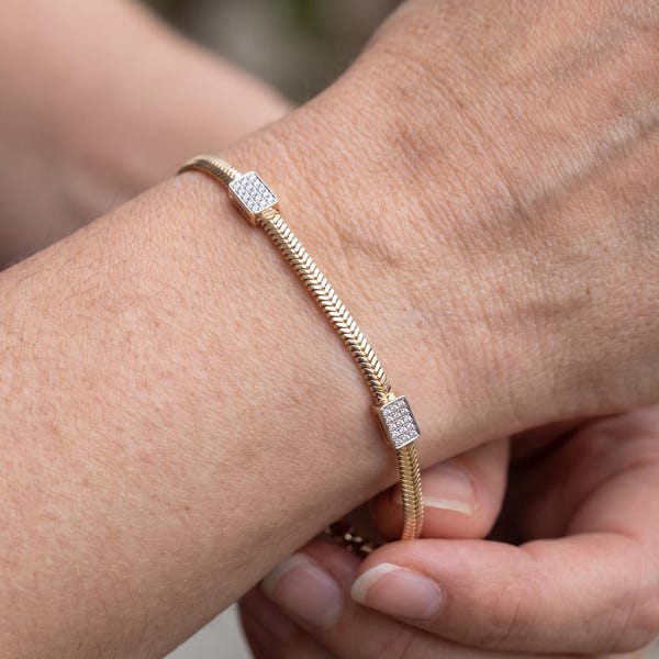 14K Two-Tone Omega Chain Bracelet, Pave CZ Stations, 18cm