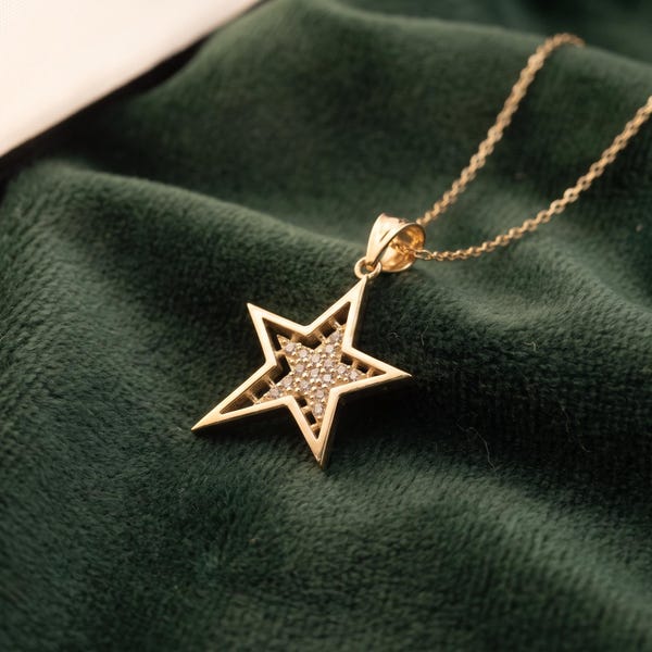 14K Solid Gold Double Star Necklace with Pave CZ, Celestial Pendant