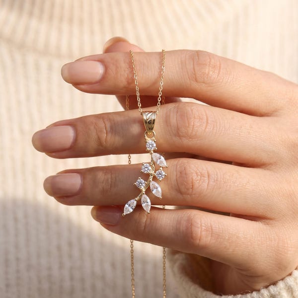Olive Leaf Necklace 14K Solid Gold Branch Pendant with Marquise Stones, Dainty Vine Drop on 45 cm Chain, Bridal Wedding Gift, Stamped 585
