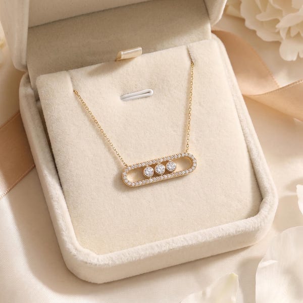 Bar Necklace 14K Solid Gold with Three Moving Cubic Zirconia Stones, Pave Oval Pendant on 45 cm Chain, Push Present Gift, Stamped 585