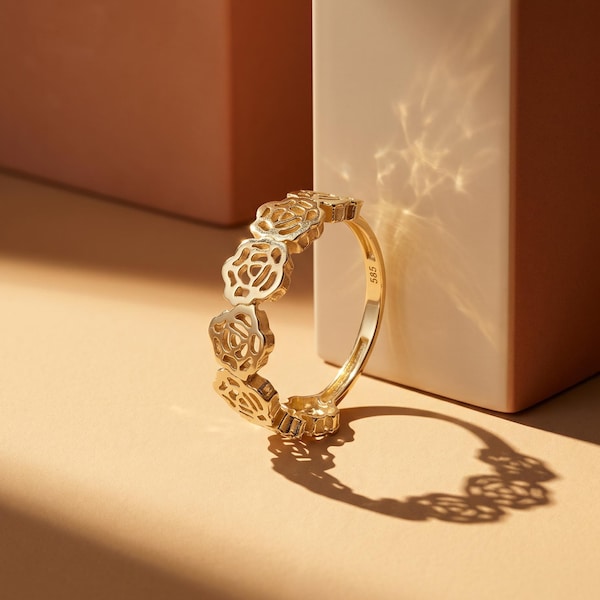 14K Solid Gold Camellia Flower Eternity Ring, Vintage Romantic Floral Band
