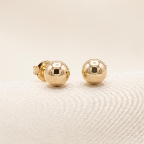 14K Solid Gold Ball Stud Earrings, High-Polish Dome Everyday Jewelry