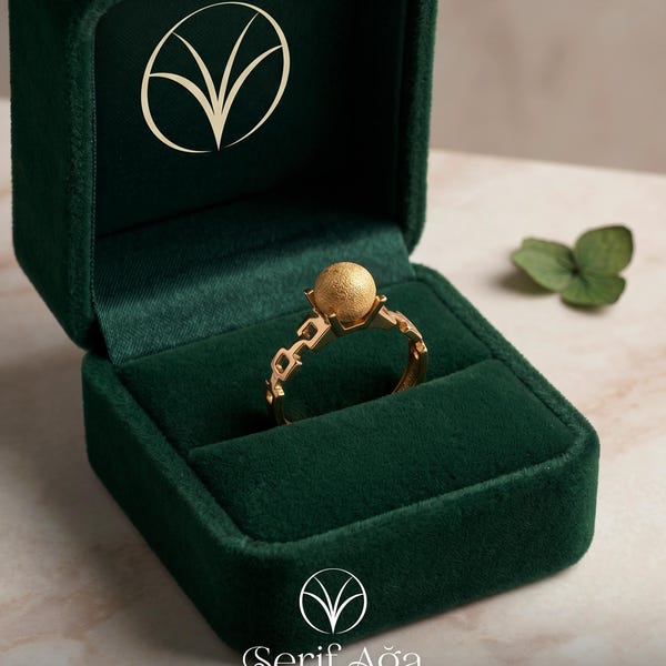 14K Solid Gold Dome Ball Ring, Diamond-Cut Sphere Chain Band, Statement Jewelry
