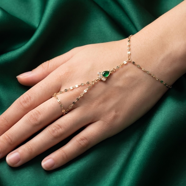 14K Solid Gold Hand Chain Bracelet with Emerald Pear Stone, Turkish Sahmeran Ring