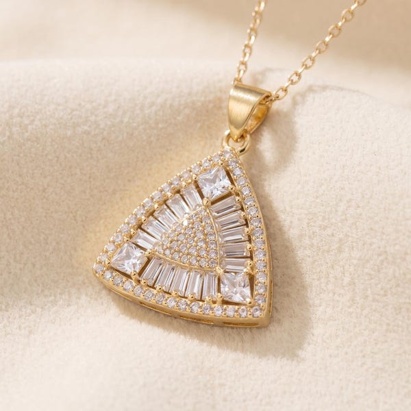 14K Solid Gold Art Deco Triangle Pendant Necklace, Baguette CZ Cluster Statement Piece