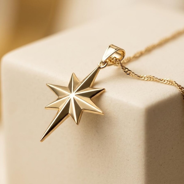 14K Solid Gold North Star Necklace, 8 Point Polished Pendant, Minimalist Guidance Jewelry
