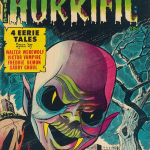 May include: A vintage comic book titled Horrific Weird Tales of Terror featuring a large, purple-skinned creature with yellow eyes and fangs. The cover includes the text 4 Eerie Tales Spun by Walter Werewolf, Victor Vampire, Freddie Demon, Garry Ghoul.