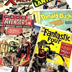 Puede incluir: Un collage de cómics vintage con títulos icónicos como "The X-Men", "Green Lantern", "Donald Duck", "The Avengers" y "Fantastic Four". Las portadas muestran colores vibrantes y arte clásico de cómics, con superhéroes y escenas de acción.