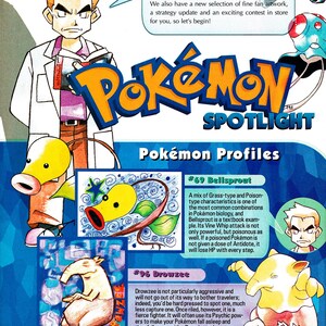 Pode incluir: Uma p&aacute;gina da revista Pok&eacute;mon Spotlight com o Professor Carvalho e v&aacute;rios perfis de Pok&eacute;mon. Os perfis incluem Bellsprout, Drowzee e Mankey, com descri&ccedil;&otilde;es e ilustra&ccedil;&otilde;es. A revista tem um design colorido.