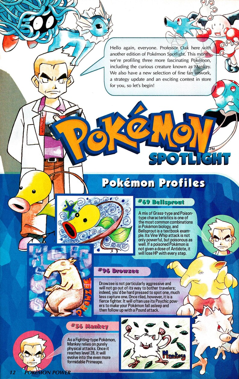 Pode incluir: Uma p&aacute;gina da revista Pok&eacute;mon Spotlight com o Professor Carvalho e v&aacute;rios perfis de Pok&eacute;mon. Os perfis incluem Bellsprout, Drowzee e Mankey, com descri&ccedil;&otilde;es e ilustra&ccedil;&otilde;es. A revista tem um design colorido.