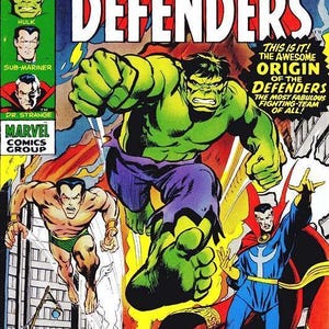 May include: Marvel Feature comic book cover featuring The Defenders. The Hulk is the central figure, with Sub-Mariner and Dr. Strange. Bold text reads "The Defenders" and "This is it! The Awesome Origin of the Defenders".