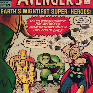 Może przedstawiać: Vintage okładka komiksu The Avengers, z Thorem, Iron Manem i Hulkiem. Grafika na okładce jest żywa, z odważnymi kolorami i pełnymi akcji scenami, z tekstem "Earth's Mightiest Super-Heroes!"
