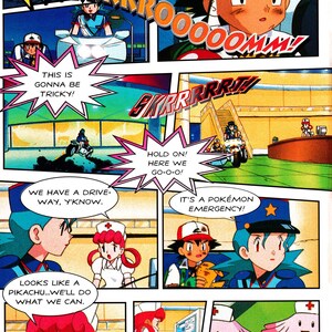 Pode incluir: Painel de banda desenhada da s&eacute;rie Pok&eacute;mon. Bal&otilde;es de texto com frases como "O Centro Pok&eacute;mon... &Eacute; Gigantesco!!" e "&Eacute; uma emerg&ecirc;ncia Pok&eacute;mon!" O estilo art&iacute;stico &eacute; t&iacute;pico de anime.