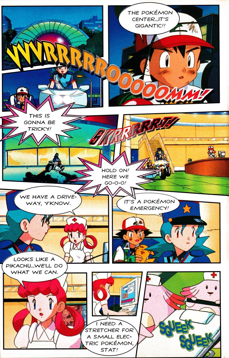 Pode incluir: Painel de banda desenhada da s&eacute;rie Pok&eacute;mon. Bal&otilde;es de texto com frases como "O Centro Pok&eacute;mon... &Eacute; Gigantesco!!" e "&Eacute; uma emerg&ecirc;ncia Pok&eacute;mon!" O estilo art&iacute;stico &eacute; t&iacute;pico de anime.