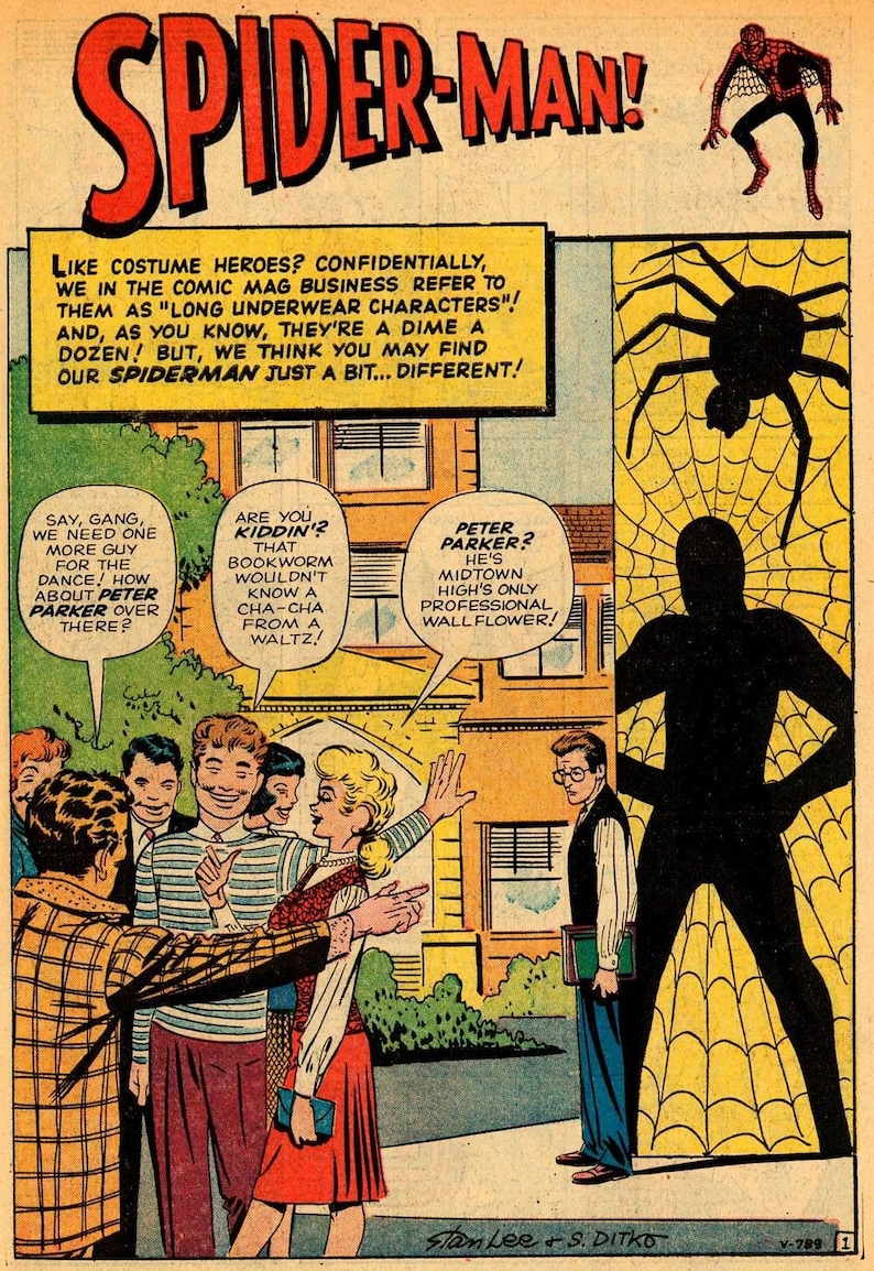 May include: Comic book panel featuring Spider-Man, a silhouetted figure, and a large spider on a web. Text bubbles show dialogue between characters, with the title "SPIDER-MAN!" in large red letters at the top.