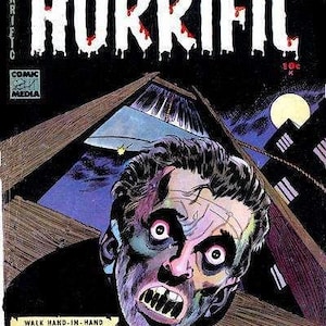 May include: A vintage comic book cover titled Horrific, featuring a terrified person with wide eyes and an open mouth positioned beneath a guillotine blade. The dark scene includes a full moon, and text reading Weird Tales of Terror and Shrunken Skulls.