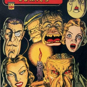 May include: A vintage Dynamic Comics No. 8 comic book cover featuring a black background with a red title banner. The illustration displays several grotesque and human faces, including a melting monster with an exposed brain holding a lit candle.