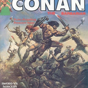 May include: Comic book cover for "The Savage Sword of Conan" featuring a barbarian wielding a sword, battling skeletal figures. The cover art is action-packed with a blue sky background and text that reads "Sword vs. Sorcery in a World Beyond Time."