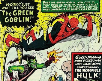 Könnte beinhalten: Comic-Cover von The Amazing Spider-Man #14 mit Spider-Man, dem Green Goblin und dem Incredible Hulk. Das Cover ist in leuchtenden Farben mit Sprechblasen und Actionszenen gehalten. Der Green Goblin reitet auf einem Gleiter und Spider-Man ist in der Luft.