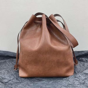 Cowhide Handmade Leather Bucket Bag for Women, Minimalist Drawstring Shoulder Bag, Convertible Personalization Available