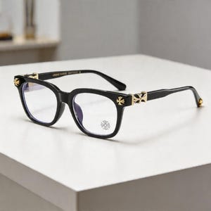 Chrome Hearts Black Frames with Gold Cross Accents TANG Handcrafted Chrome Hearts Style Browline Glasses - Semi  main image 4