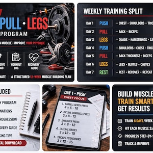 May include: A fitness program graphic with the text "6-DAY PUSH-PULL-LEGS WORKOUT PROGRAM." Includes a weekly training split, exercise details, and a bodybuilder lifting weights. The program is designed to build strength and muscle.