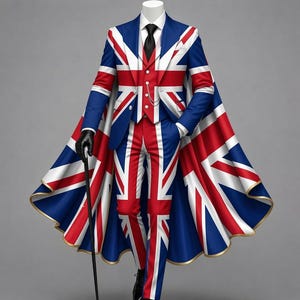 May include: A three-piece suit featuring a Union Jack flag pattern in red, white, and blue. The ensemble includes a blazer, a matching vest, trousers, and a long cape with the same flag design. A black tie and a black cane are also included.