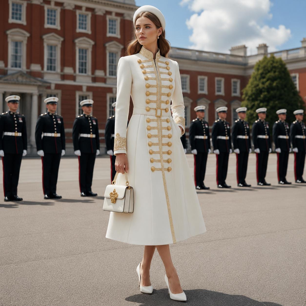 White Military Wool Coat Dress: Victorian Royal Gold Embroidery Princess Formal Wedding Coat