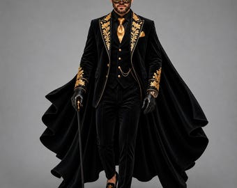 May include: A black velvet suit featuring a long cape, gold floral embroidery on the lapels and cuffs, a gold necktie, and a matching vest. The ensemble includes a black masquerade mask, black leather gloves, and a black walking cane with gold accents.