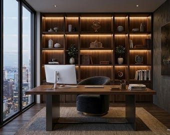 Diseño de oficina en casa con IA / Visualización de un espacio de trabajo ejecutivo moderno (renderizado de 24 horas)