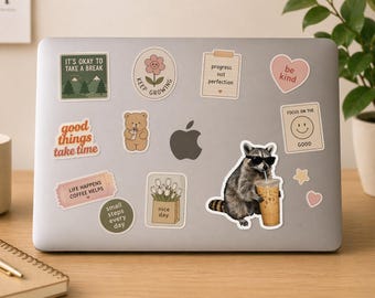 Raccoon Drinking Iced Coffee Sticker, Funny Animal Meme Decal For Laptop, Water Bottle, Kindle Gift Idea