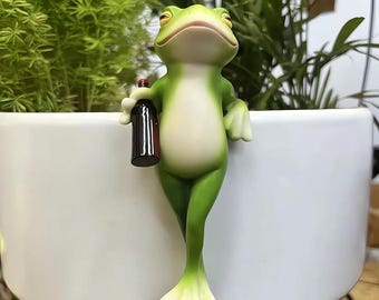 Miniature Stand Frog with Wine Figurines Plant Decorations for Pots, Funny Frog Garden Decor Outdoor Gifts Women Frog Statue Planter Hugger