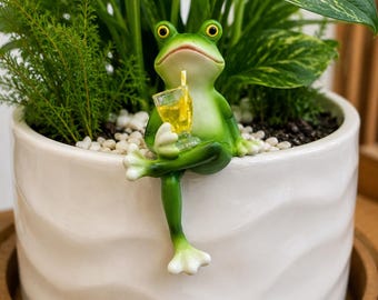 Drink Frog - Miniature Frog Figurines Plant Decorations for Pots, Funny Frog Garden Decor