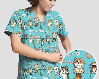 Blue Kitty Cat Print Scrub Set – Healthcare Worker Apparel