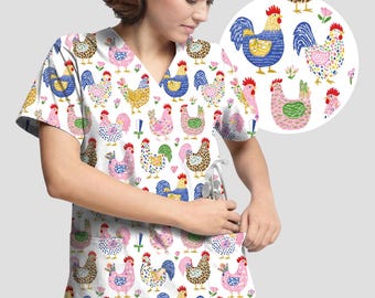 Farm Animal Chicken Print Scrub Top – Colorful Medical Shirt