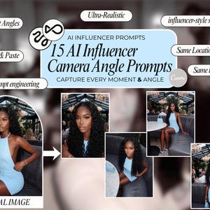 Op de afbeelding: Een promotionele afbeelding met de tekst "15 AI Influencer Camera Angle Prompts" en "Capture Every Moment & Angle". De afbeelding bevat voorbeelden van foto's in influencer-stijl en de tekst "Original Image".