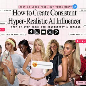 May include: An ebook cover with the title "How to Create Consistent Hyper-Realistic AI Influencer." The image features several women holding phones, with social media icons and text overlays. The background is a grid pattern.