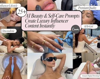 Más de 25 sugerencias de belleza y autocuidado con IA / Sugerencias de IA / Sugerencias de estilo de vida glamuroso, de spa e influencer con IA, contenido ultrarrealista con IA, descarga digital.