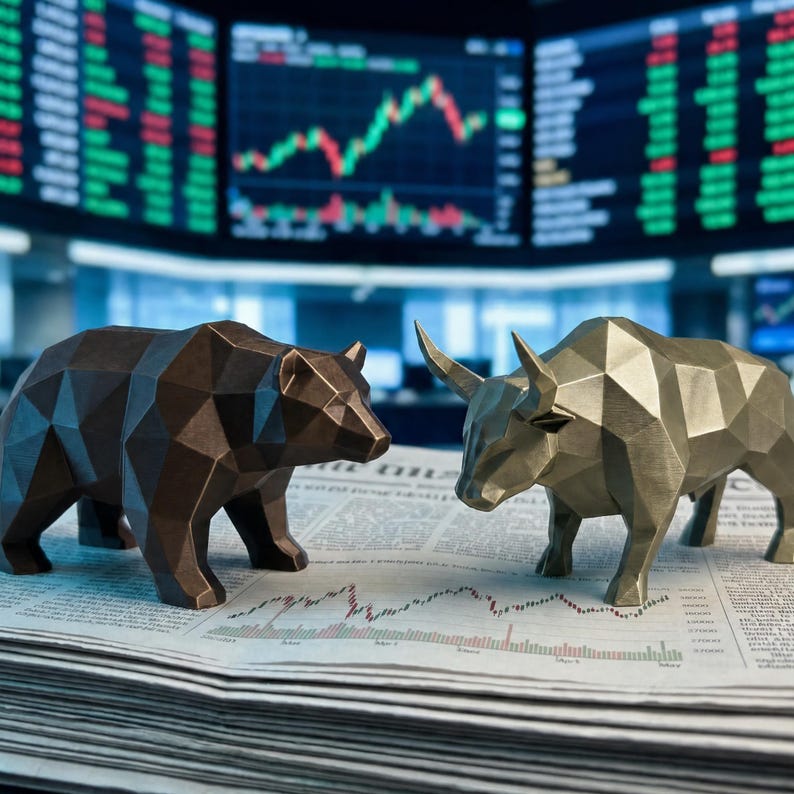 A silver faceted bull and a brown faceted bear statue stand on a newspaper with stock charts, in front of a blurred screen displaying stock market data.